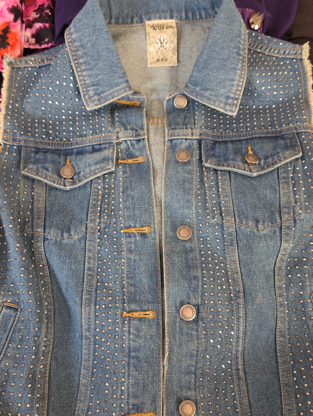 Nwot Vocal Denim Rhinestone Women's Vest - Blue Pockets Sz Med